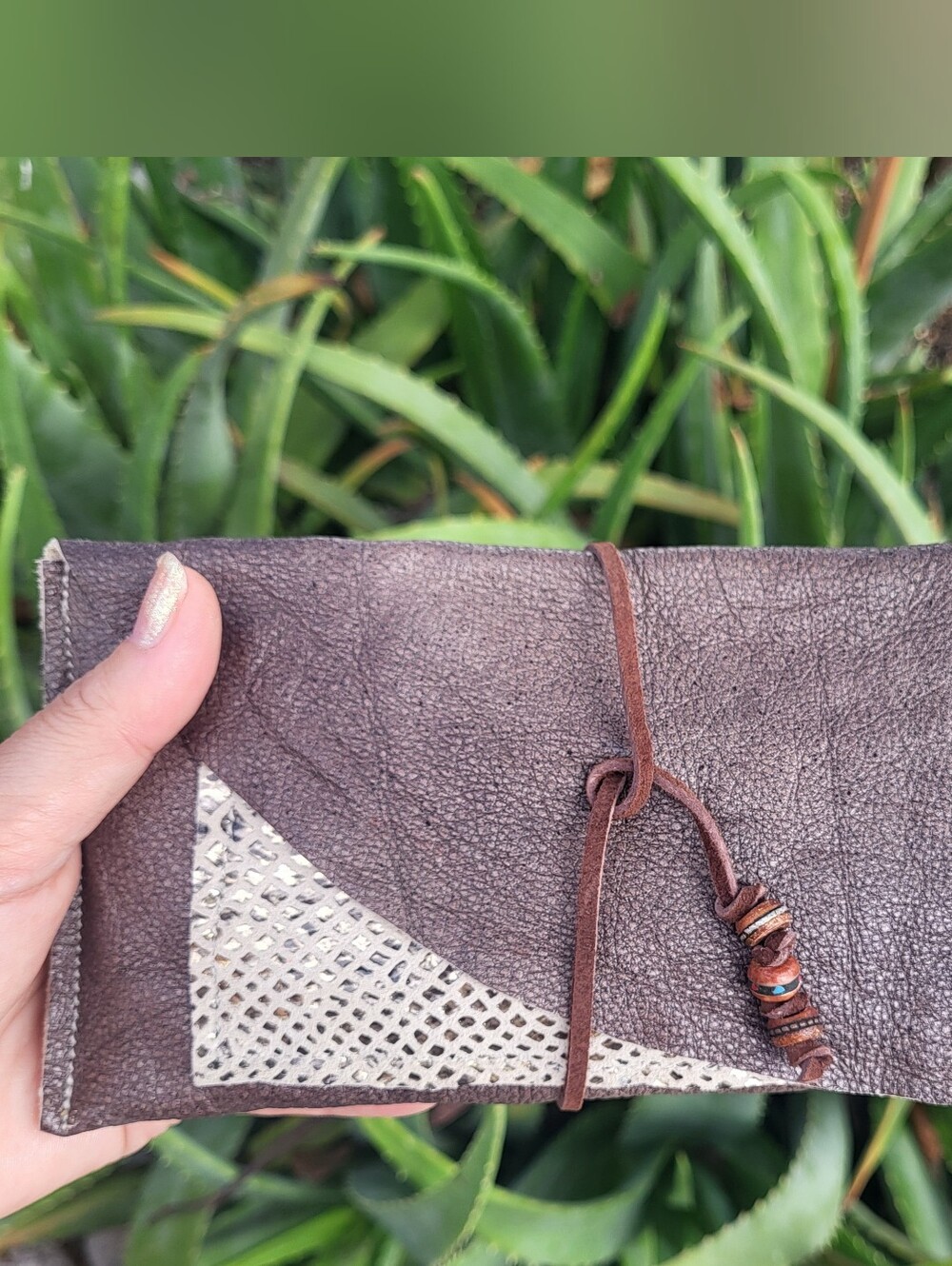 Handmade Brown Distressed Leather Clutch Wallet with Snake Print Design
